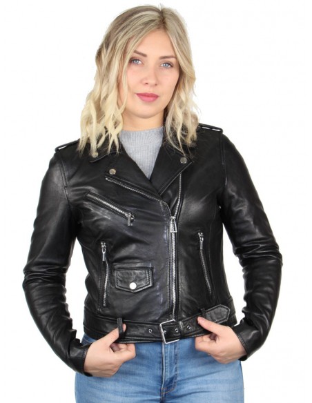 Blouson Rose Garden style perfecto en cuir ref_46927 Noir