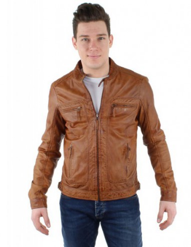 blouson en cuir ref_cco34483-cognac-