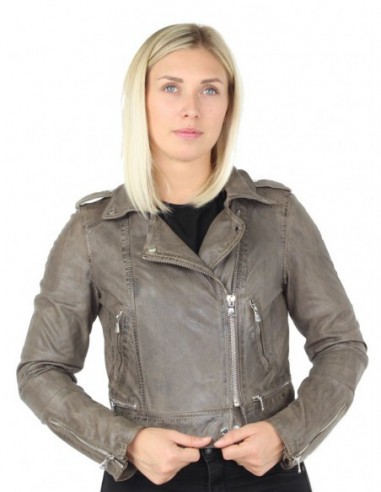 Blouson style perfecto Oakwood Kyoto en cuir ref_cco44595 Gris